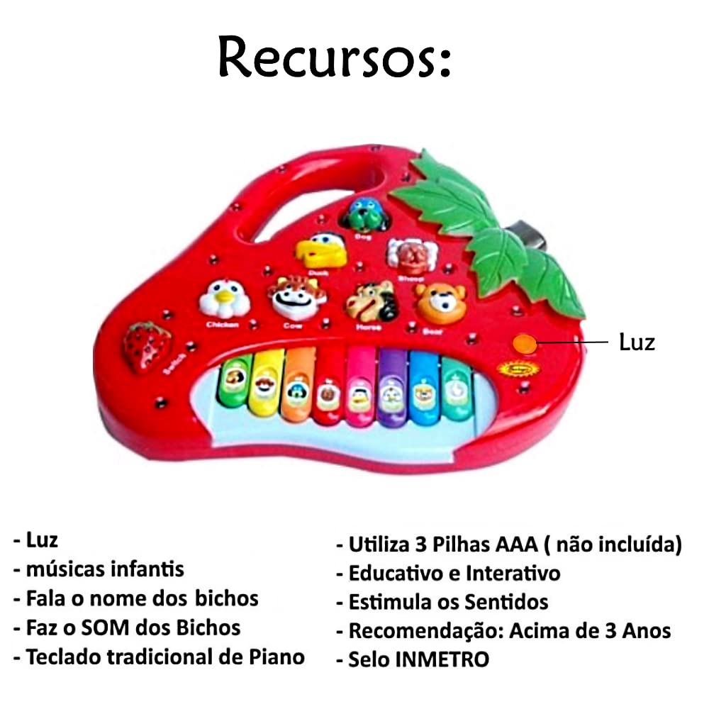 Piano Teclado Musical Infantil Sons Luz Eletrônico Morango Brinquedo Educativo