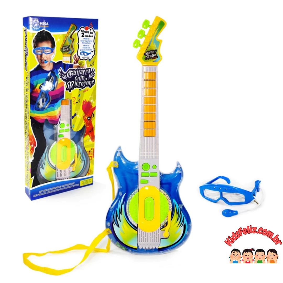 Guitarra Infantil com Microfone, Óculos e Conexão para Celular e MP3 – Brinquedo Musical Completo!