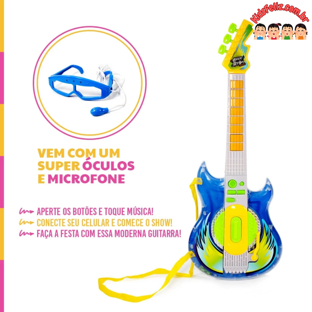 Guitarra Infantil com Microfone, Óculos e Conexão para Celular e MP3 – Brinquedo Musical Completo!