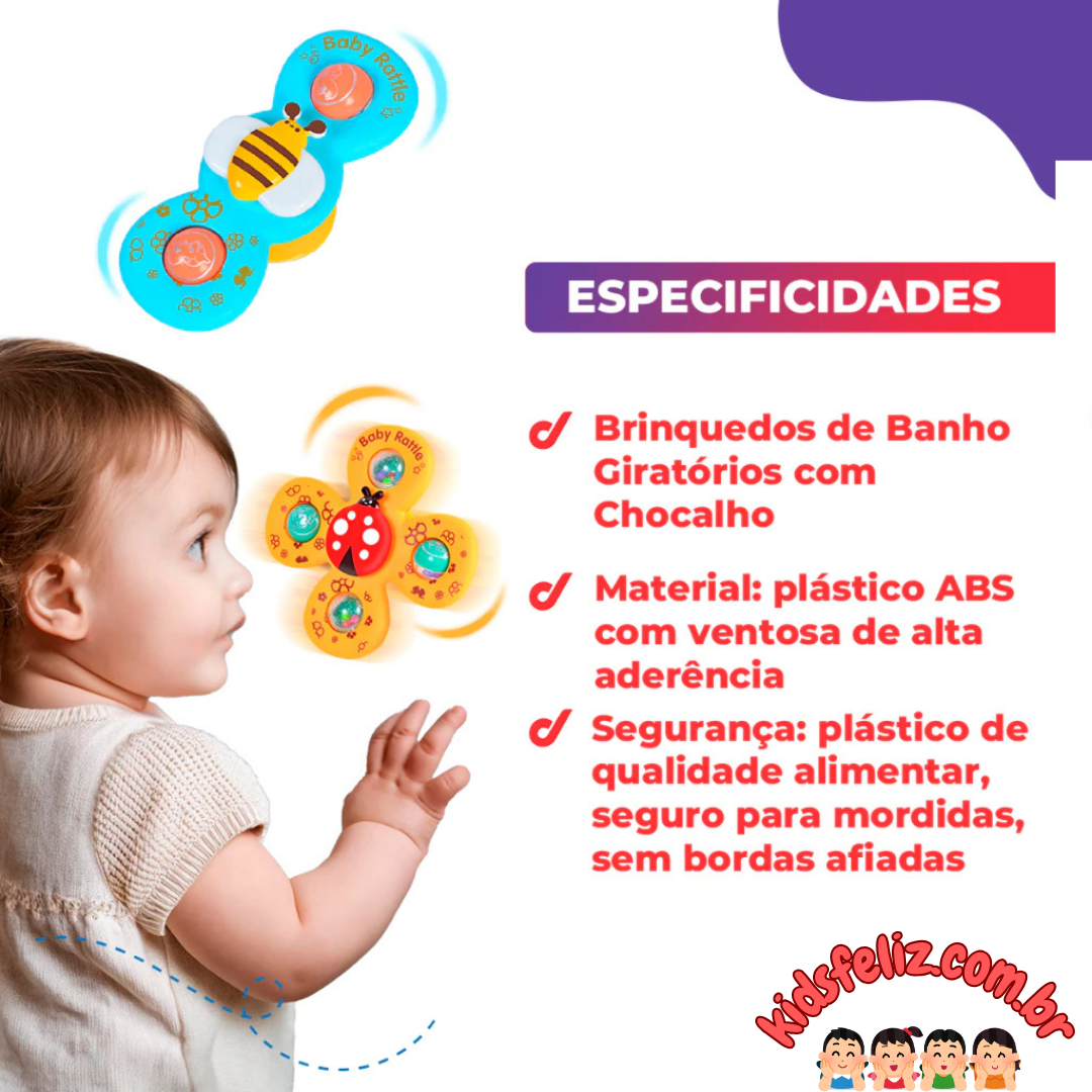 Kit 3 Brinquedos Infantis: Chocalho Giratório Spinner com Ventosa